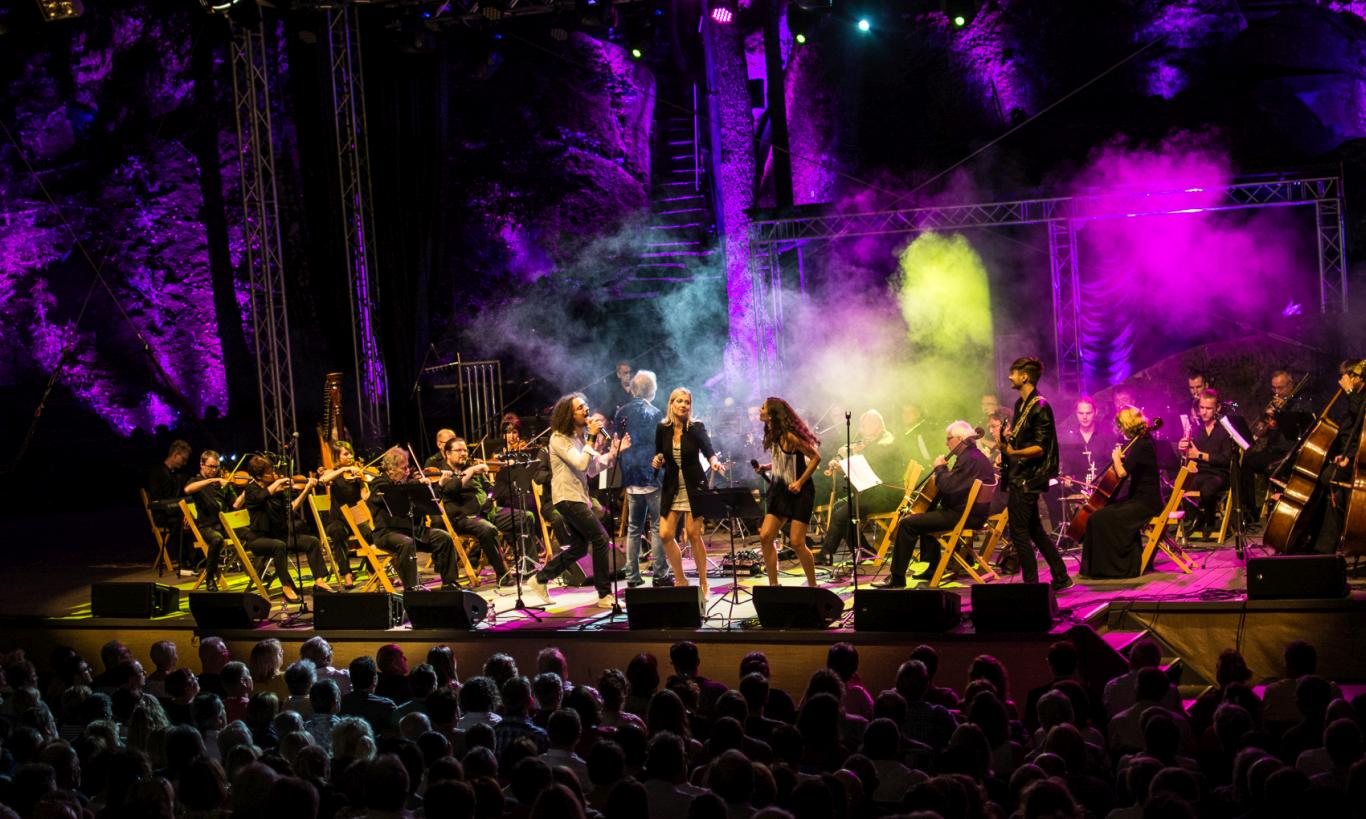 Open-air stage in purple light