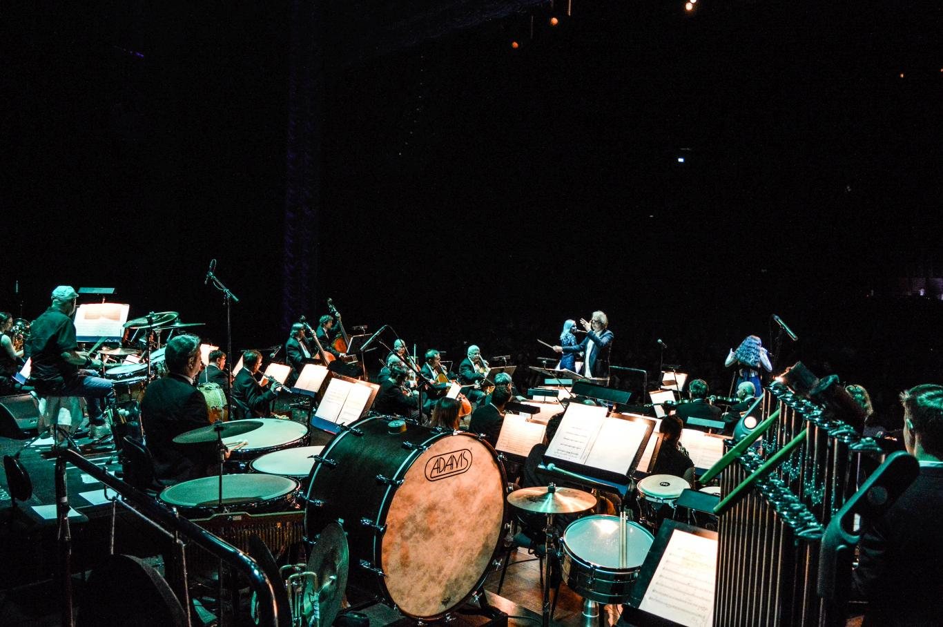 Percussion and orchestra on a dark stage